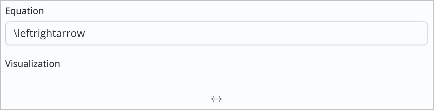 The Equation editor. The Equation field contains the text backslash leftrightarrow and the Visualization section shows a horizontal arrow pointing both left and right.