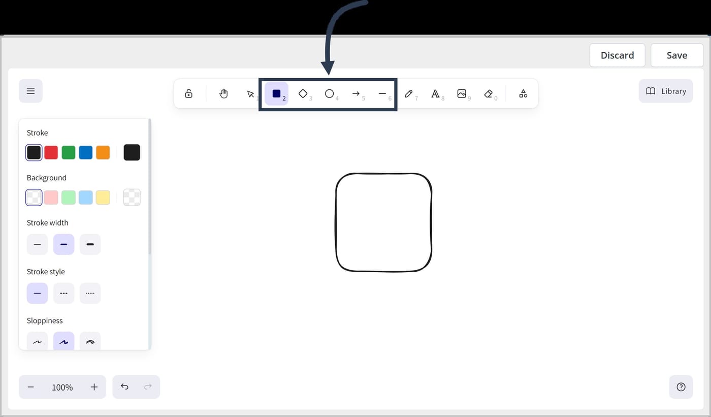 The Excalidraw editor. An arrow points to the shape icons in the toolbar, including the rectangle, diamond, circle, arrow, and line. A panel on the left shows options for stroke, background, and style.