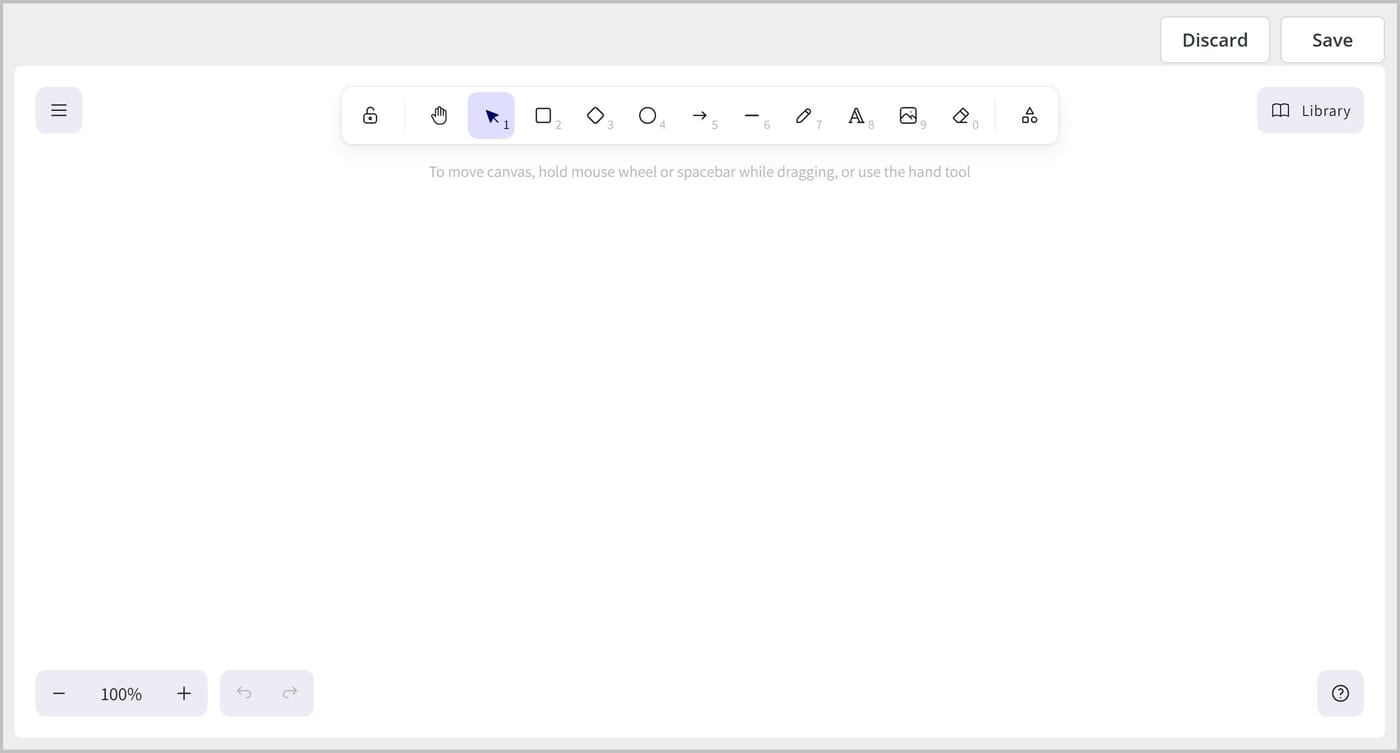 The Excalidraw editor showing a blank canvas. A toolbar with various drawing tools is at the top, and buttons for Discard and Save are in the top right corner.