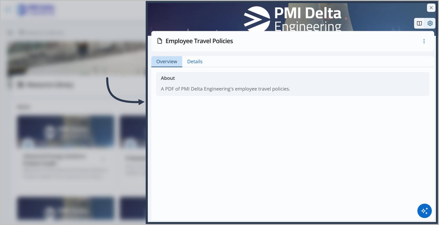 The File Admin panel for a file called Employee Travel Policies. The panel is open to the Overview tab, which displays the description A PDF of PMI Delta Engineering's employee travel policies.