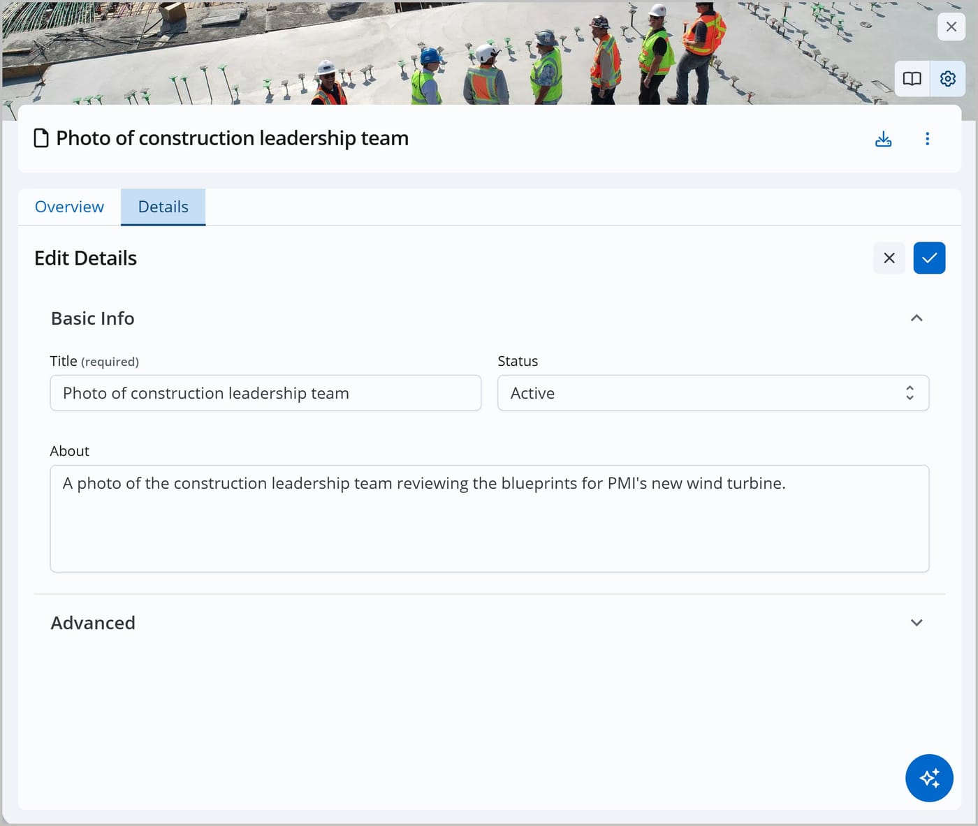The File Admin panel for a file called "Photo of construction leadership team." The Details tab is shown, with a section for editing basic information like the title, status, and description of the asset.