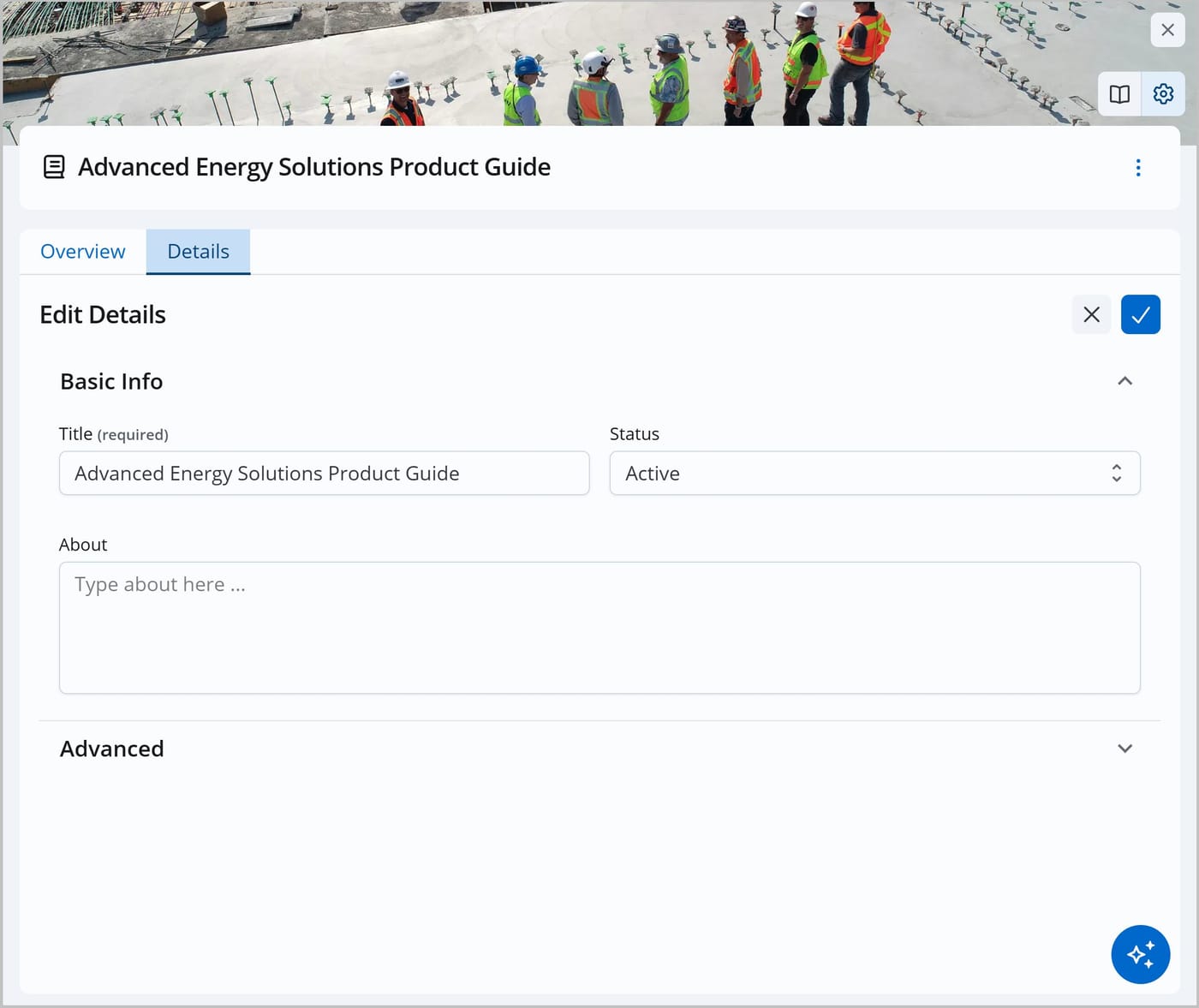 The FlexDoc Admin panel for a FlexDoc called Advanced Energy Solutions Product Guide. The Details tab is shown, with a section for editing basic information like the title, status, and description of the asset.