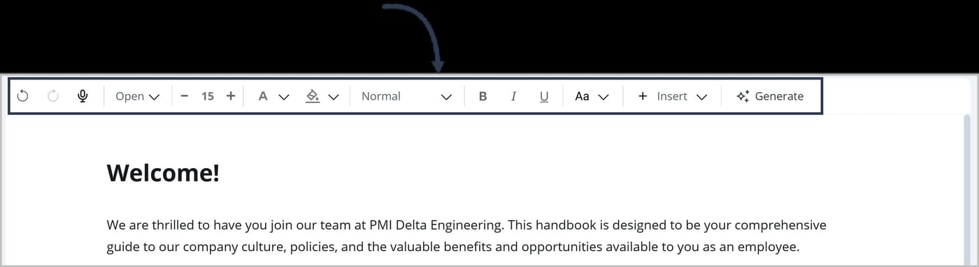 The FlexDoc Editor. A box highlights the toolbar at the top of the content editor. An arrow is pointing to the toolbar.