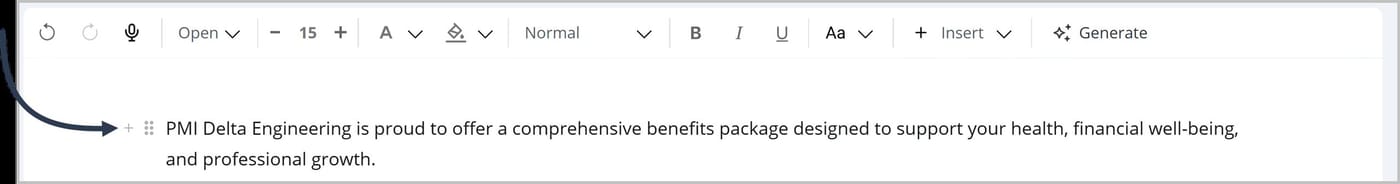 The FlexDoc Editor. An arrow is pointing to the Add icon that appears beside a text block.