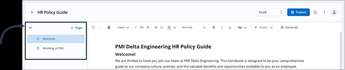 The FlexDoc Editor. An arrow is pointing to the tree menu on the left, which lists the pages Welcome and Working at PMI.