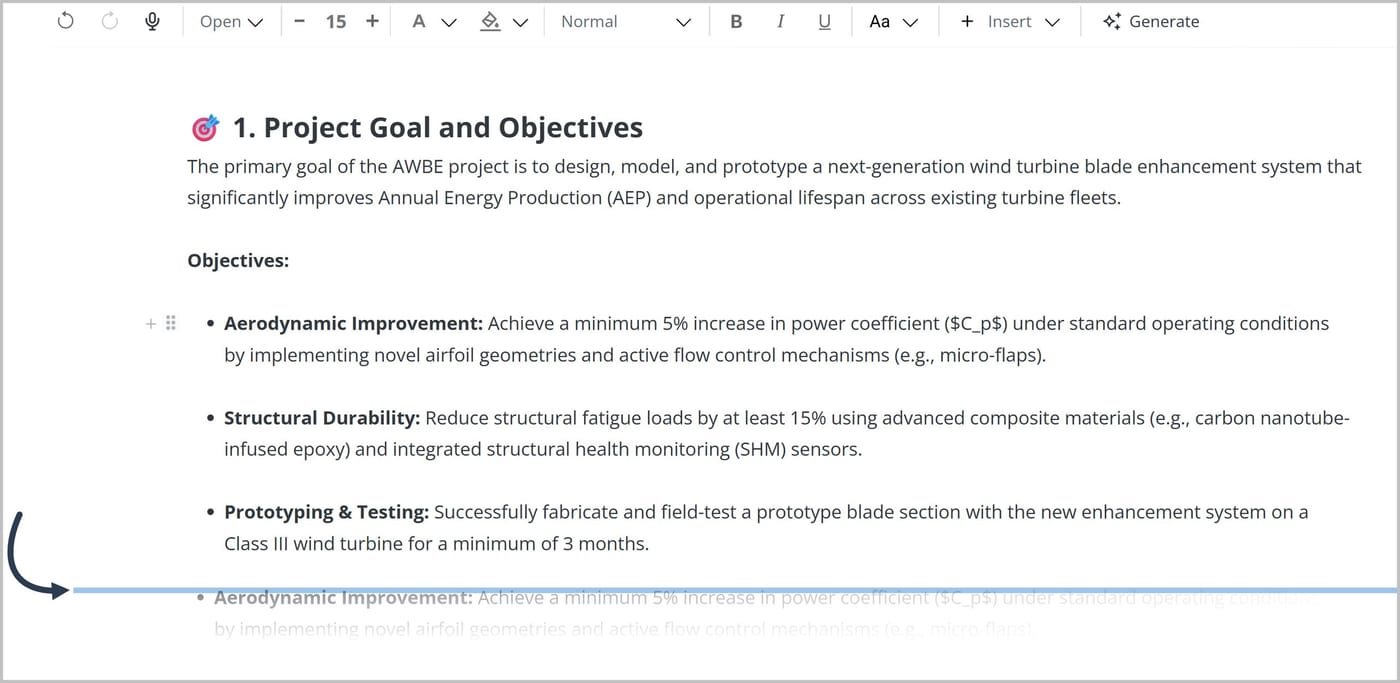 The FlexDoc Editor. An arrow points to a blue horizontal line indicating where a block of text is being moved.