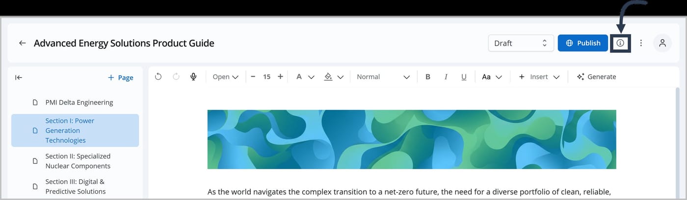 The FlexDoc Editor. An arrow points to the circular Info icon in the header.