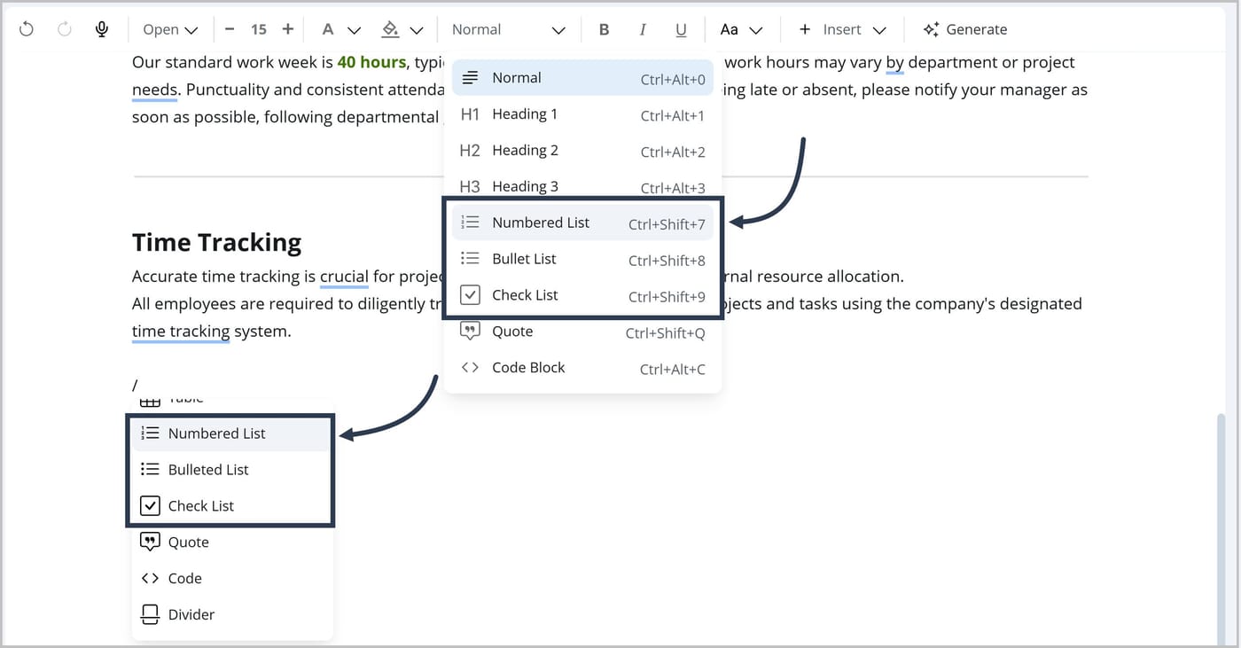 The FlexDoc Editor. An arrow points to the Numbered List option in the toolbar dropdown. Another arrow points to the Numbered List option in the slash menu.