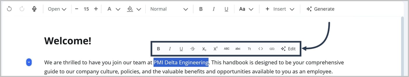 The FlexDoc Editor floating toolbar.