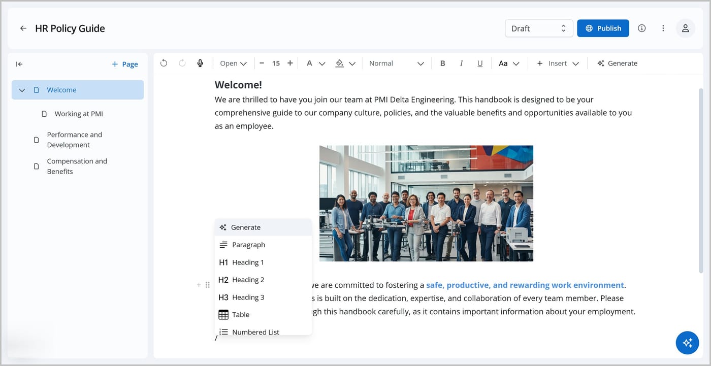 The FlexDoc Editor for a document titled HR Policy Guide, showing the Welcome page with text, an embedded image, and the slash menu open