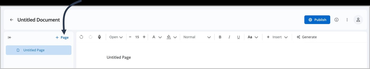 The FlexDoc Editor. In the tree menu, an arrow is pointing to the + Page button.