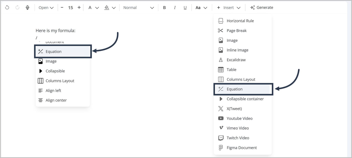 The FlexDoc Editor. One arrow points to the Equation option in the slash menu on the page. Another arrow points to the Equation option in the Insert dropdown menu in the toolbar.