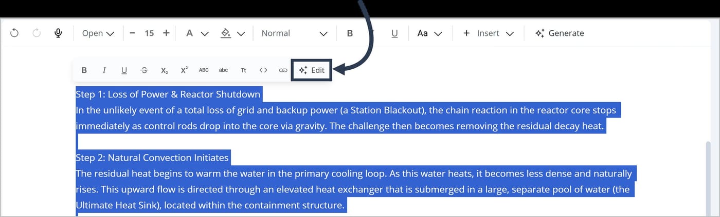 The FlexDoc Editor. Several paragraphs of text are highlighted, and the floating toolbar is shown. An arrow is pointing to the Edit button.