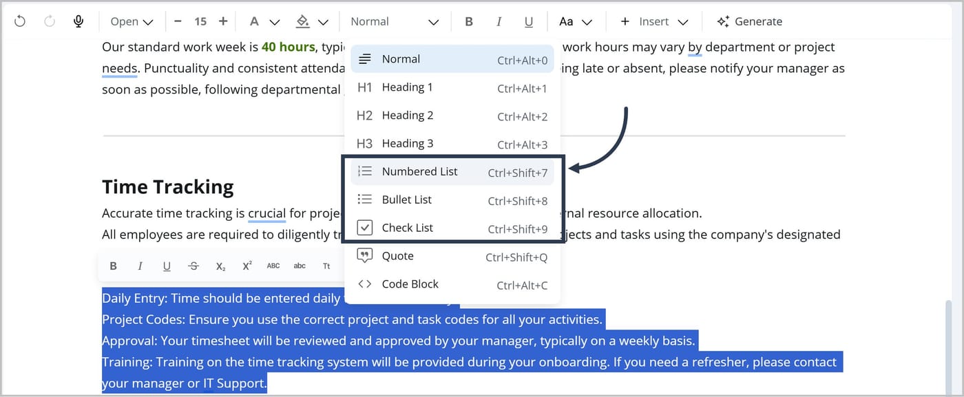 The FlexDoc Editor. Several text blocks are highlighted. An arrow points to the list options in the toolbar dropdown.