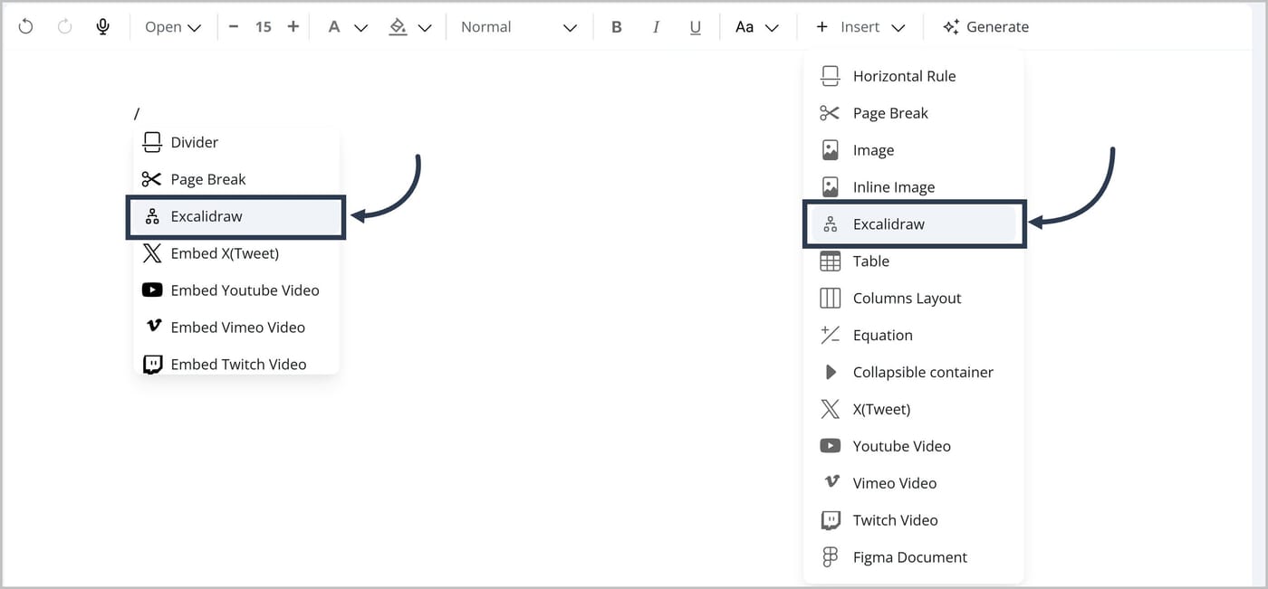 The FlexDoc Editor showing the slash menu on the left and the Insert menu on the right. An arrow is pointing to the Excalidraw option in the slash menu. Another arrow is pointing to the Excalidraw option in the Insert menu.