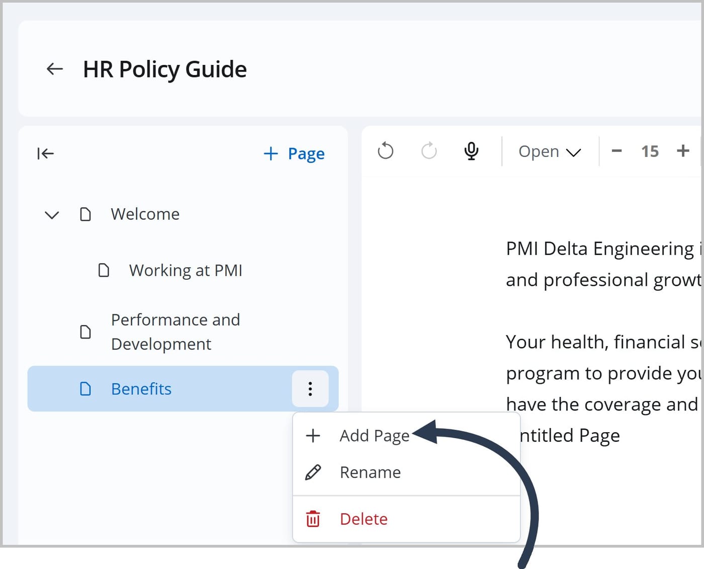 The FlexDoc Editor. The More Actions menu is open for a page in the tree menu. An arrow is pointing to the Add Page option.