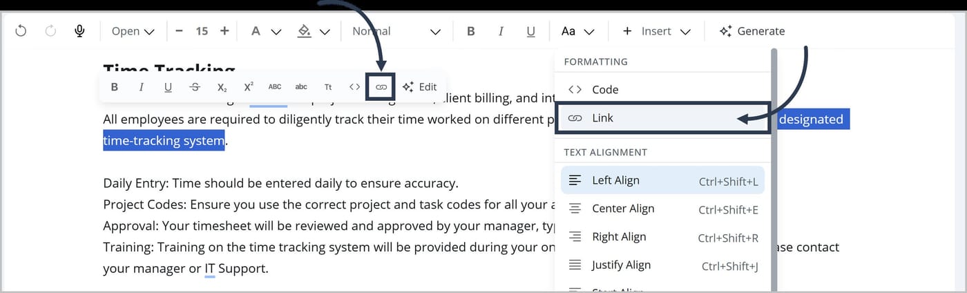 The FlexDoc Editor. The words “designated time-tracking system” are highlighted in the text block and a floating toolbar is shown. An arrow points to the Link icon in the floating toolbar. Another arrow points to the Link option in the toolbar.