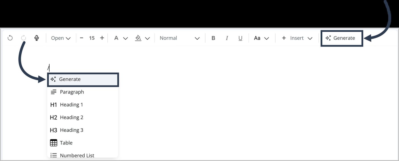 The FlexDoc Editor toolbar. An arrow is pointing to the Generate button. A forward slash typed in the editor. A dropdown is shown with another arrow pointing to the Generate option.
