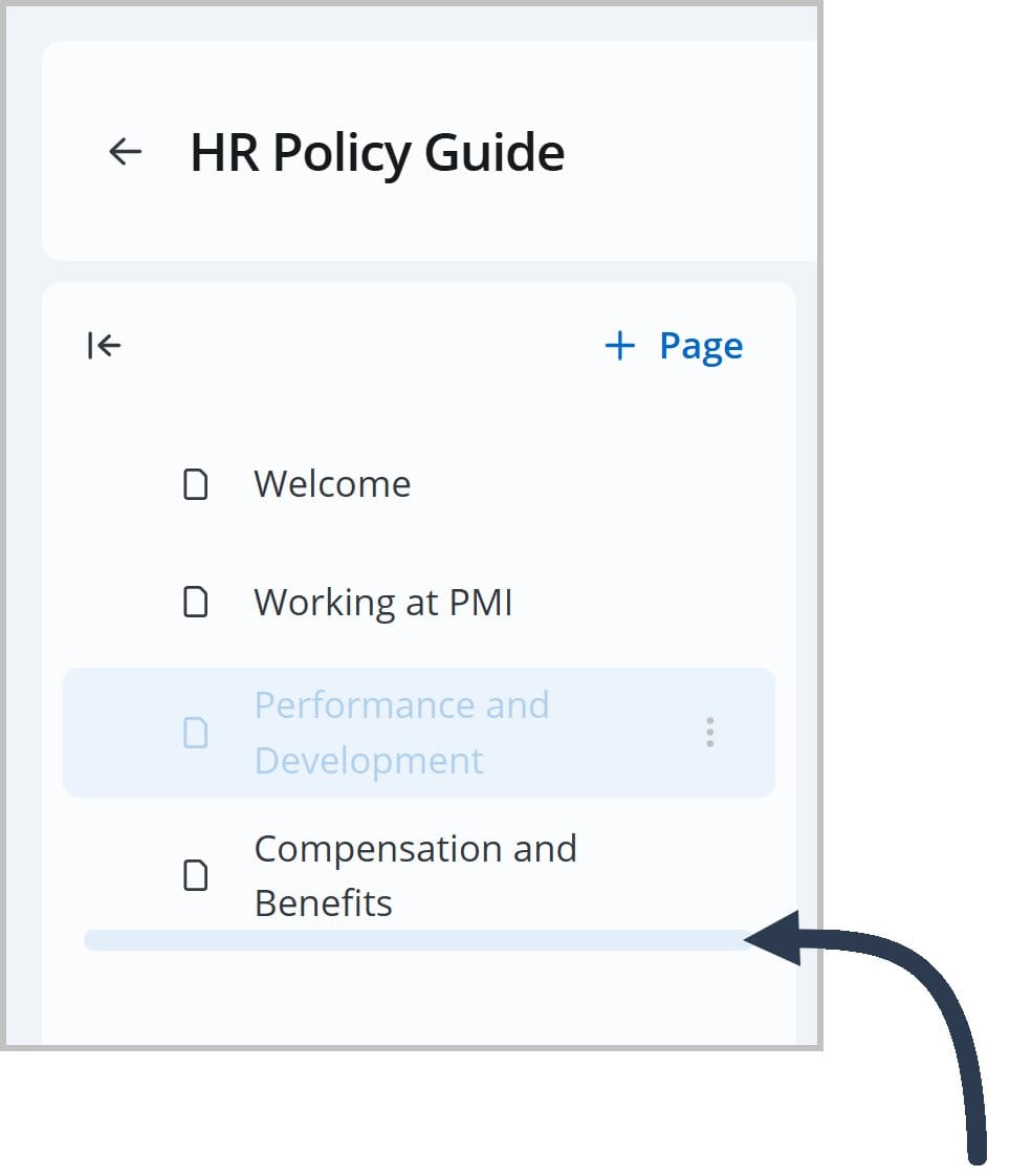 The FlexDoc Editor tree menu. A page is being dragged, and an arrow points to the blue line indicating its new position.