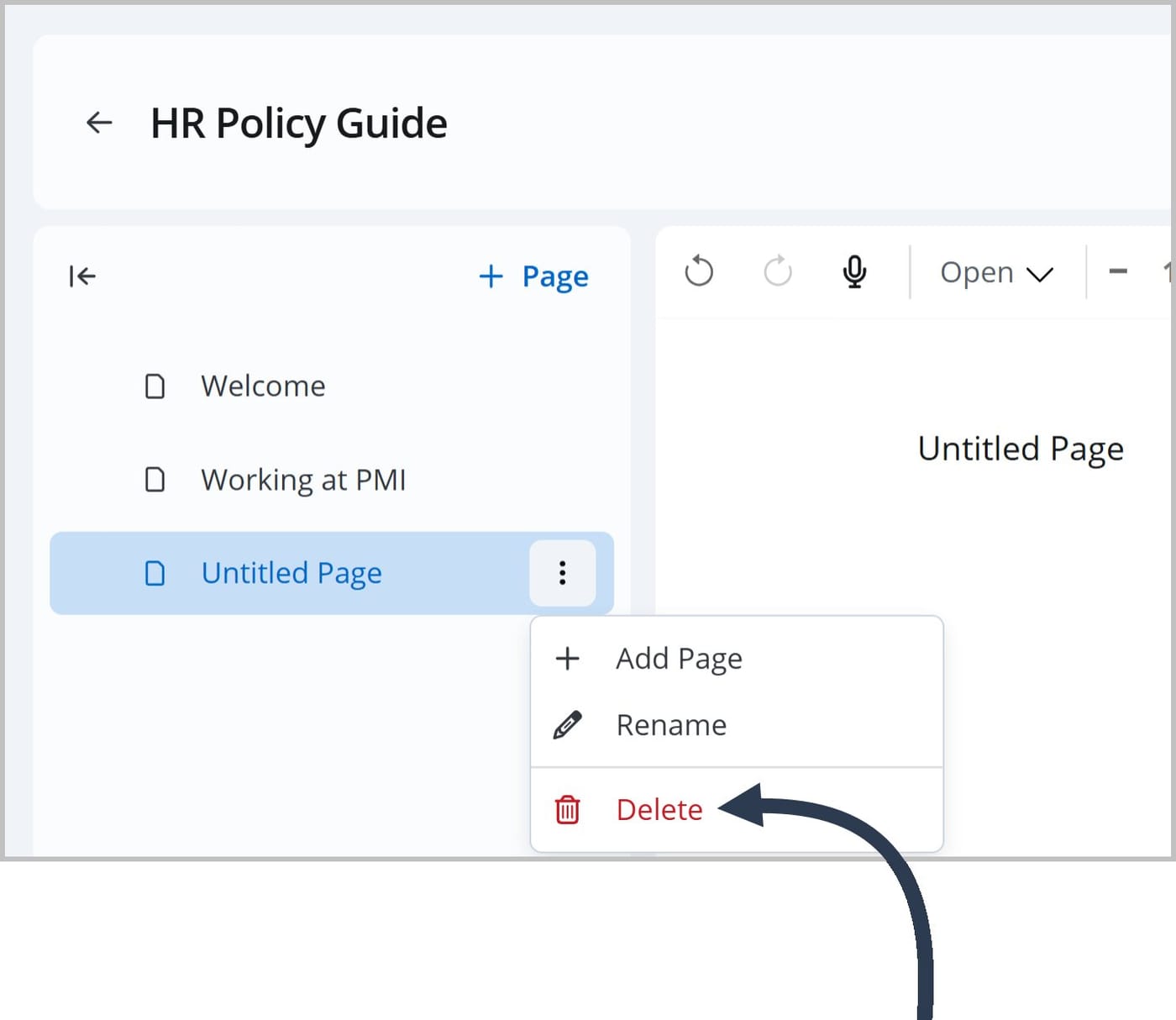 The FlexDoc Editor tree menu. An arrow points to the Delete option in the More Actions menu for a page.