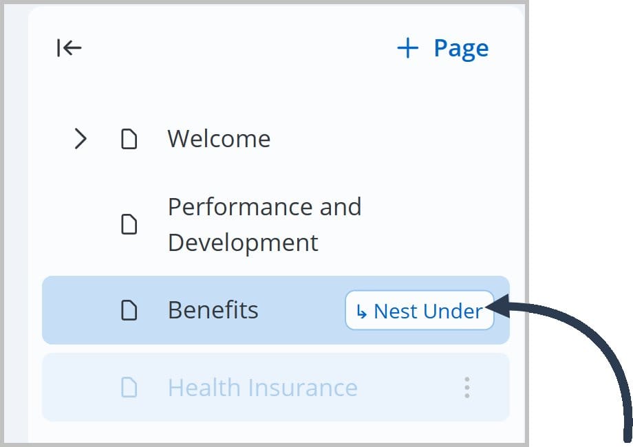 The FlexDoc Editor tree menu showing the Nest Under message on a highlighted page while another page is dragged over it
