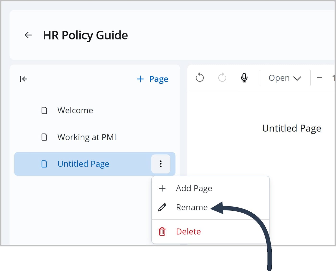The FlexDoc Editor tree menu. An arrow points to the Rename option in the More Actions menu for a page.