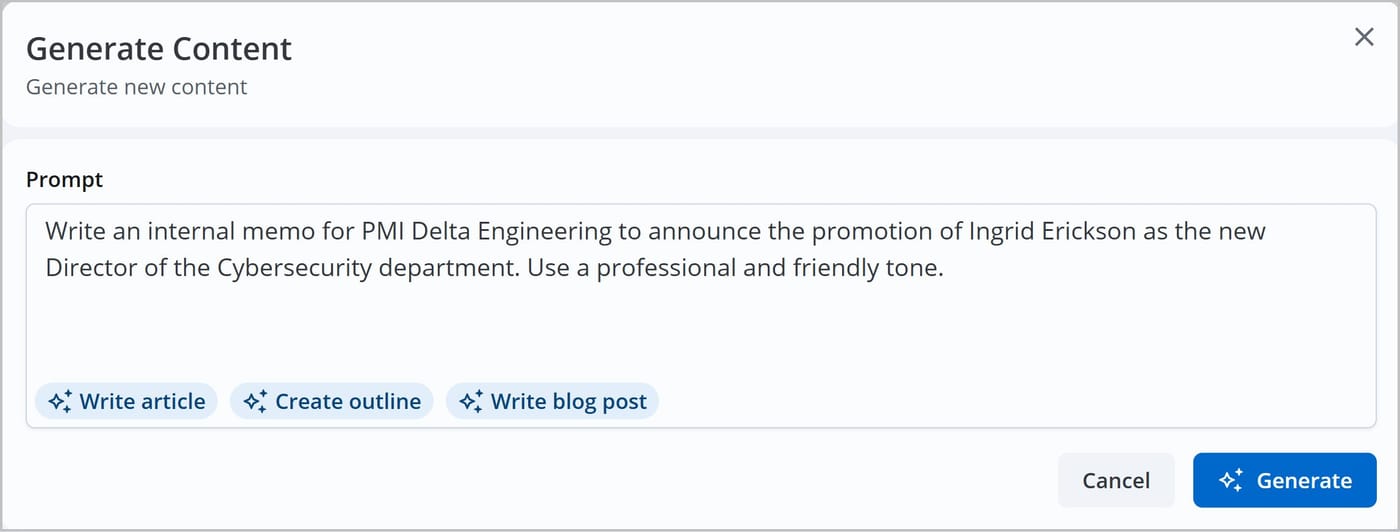 The Generate Content window. The prompt field contains a request to write an internal memo regarding a promotion. Buttons for Write article, Create outline, and Write blog post are shown, followed by a Generate button.