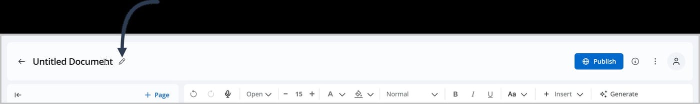 The header area in the FlexDoc Editor. An arrow is pointing to the Edit icon beside the text Untitled Document.