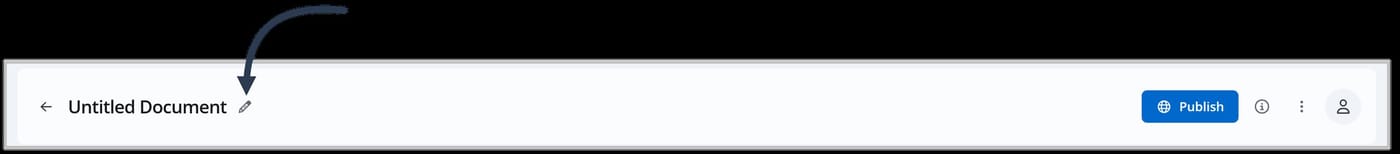 The header area in the FlexDoc Editor. An arrow is pointing to the FlexDoc's name, Untitled Document, and the Edit icon.