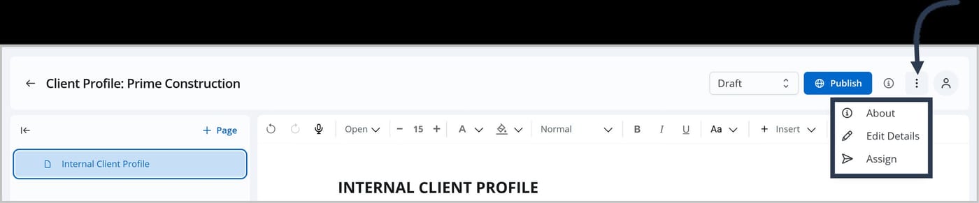 The header area in the FlexDoc Editor. An arrow is pointing to the More Actions icon which is open to reveal options such as About Edit Details and Assign.