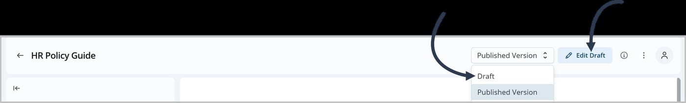 The header of a FlexDoc called HR Policy Guide. One arrow points to the Edit Draft button. Another arrow points to the Draft option in the dropdown menu.