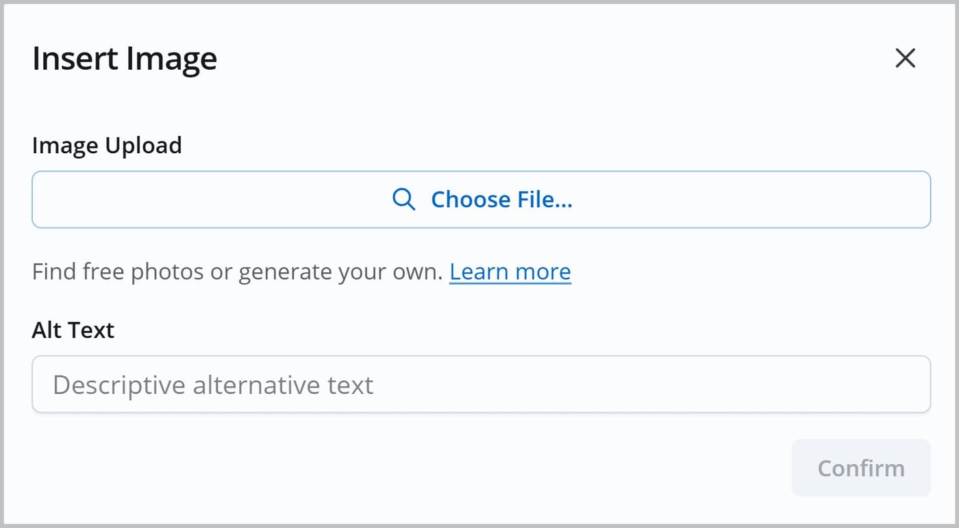 The Insert Image window. There is a button to Choose File and an empty field labeled Alt Text prompting the user to provide descriptive alternative text.
