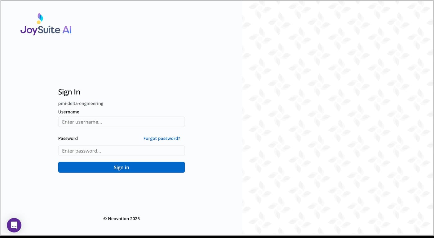 The Joy login page with fields for Username and Password