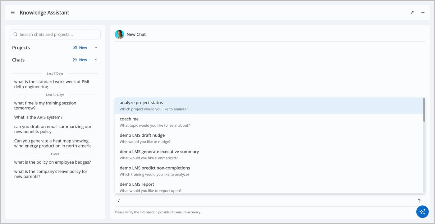 The Knowledge Assistant. A forward slash is typed in the chat bar. A list shows several commands, including analyze project status, coach me, and demo LMS report.