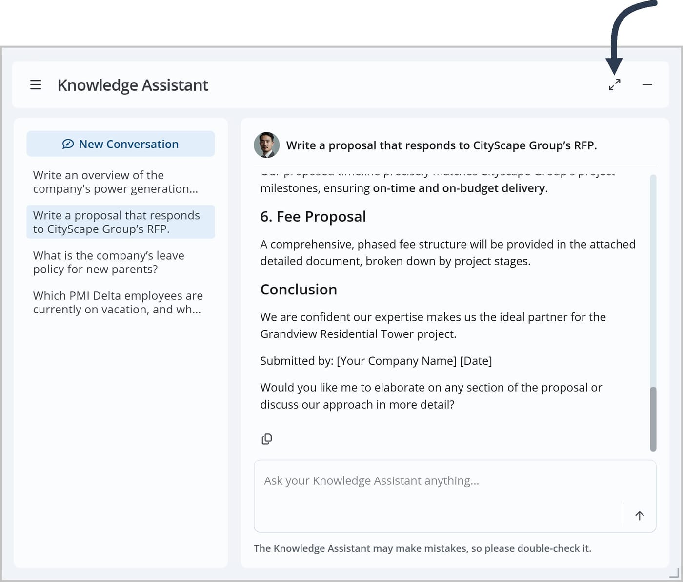 The Knowledge Assistant. An arrow is pointing to the Full Screen icon in the header.