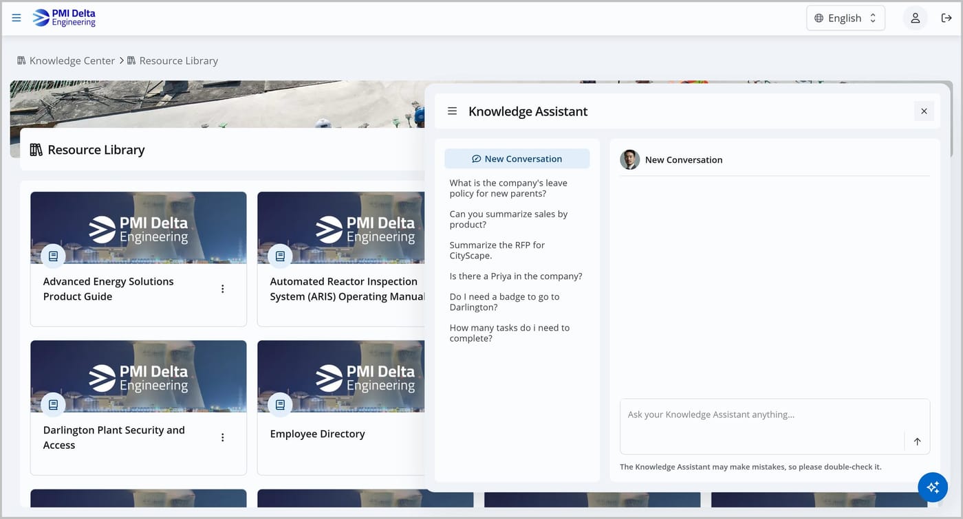 The Knowledge Assistant chat window is shown overlaying the "Knowledge Center" page. The Knowledge Assistant chat window shows a new, blank conversation and a text box that says Ask your Knowledge Assistant anything.