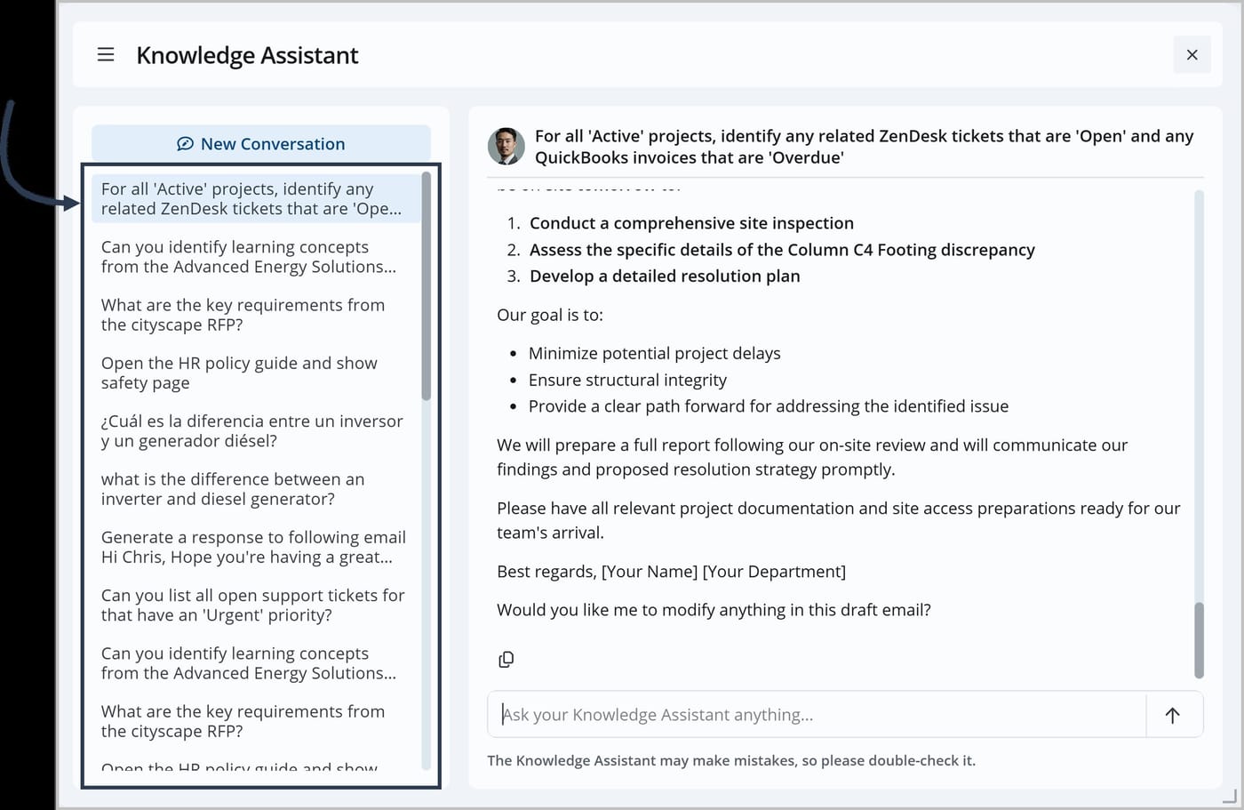 The Knowledge Assistant chat window with a box around the left pane. The pane shows a "New Conversation" button at the top and a list of previous conversations below it.