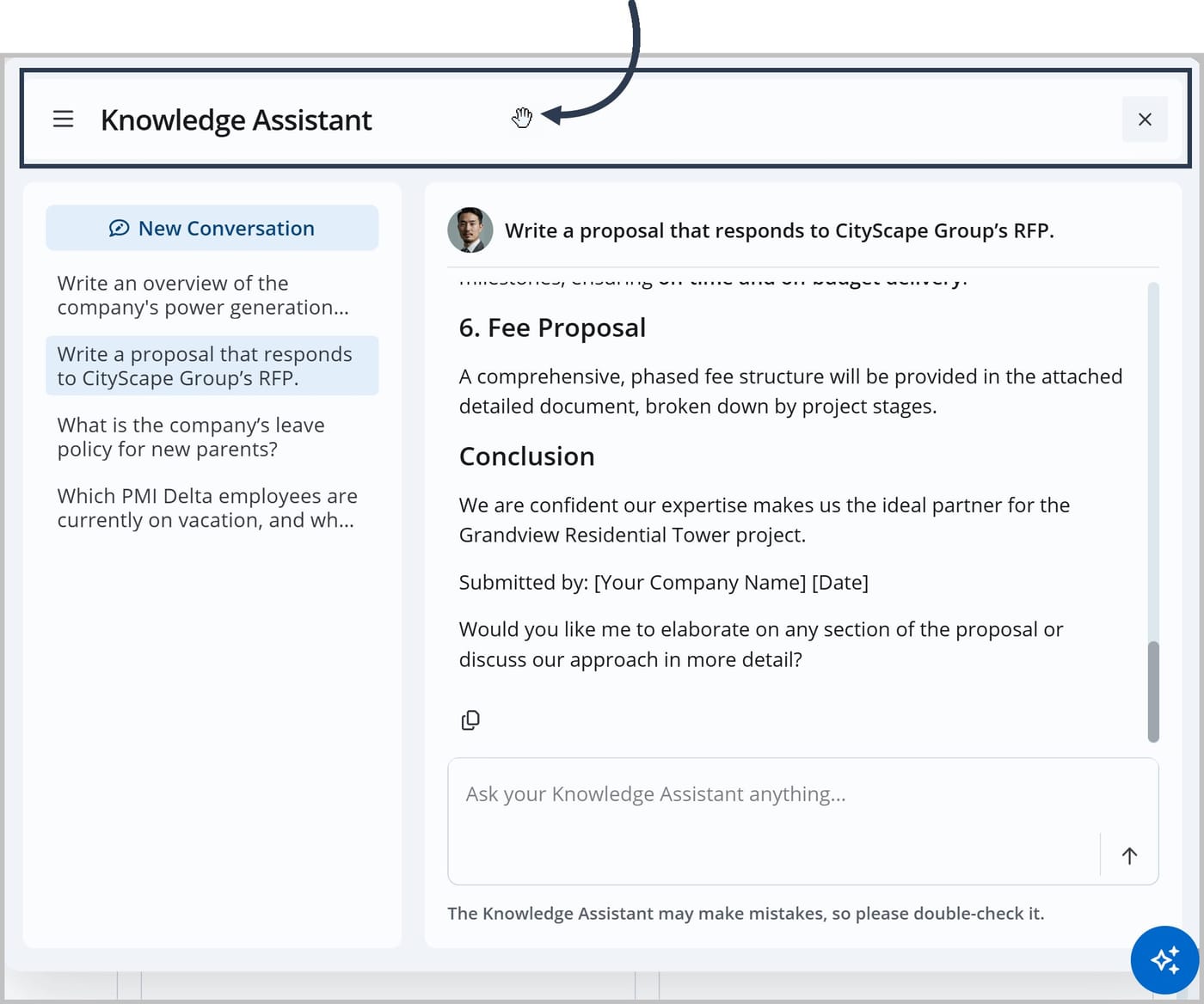 The Knowledge Assistant chat window with a hand icon hovering over the title bar, indicating it can be moved.