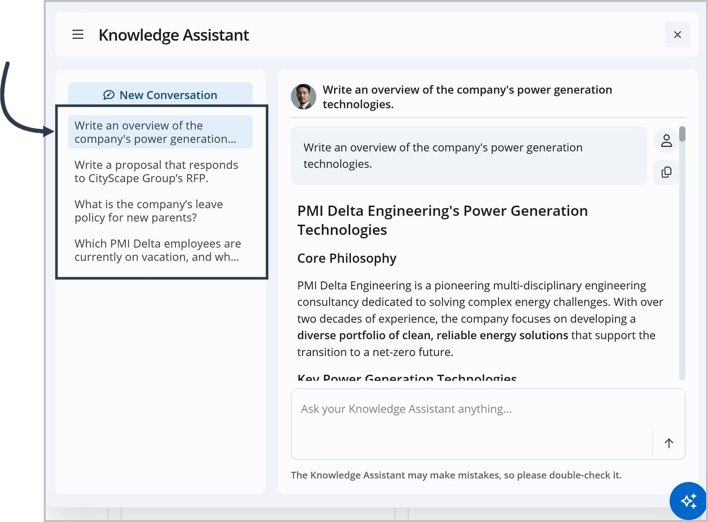 The Knowledge Assistant chat window with an arrow pointing to a conversation summary. The response to the selected conversation displays on the other side of the window.