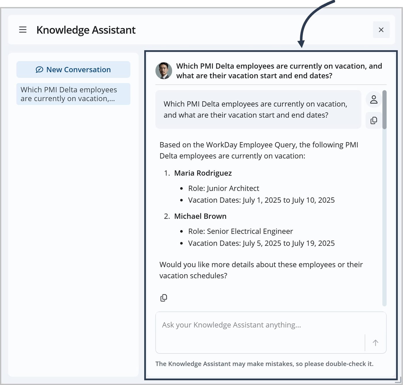 The Knowledge Assistant interface. A box appears around the chat pane on the right side. An arrow points to the box. The pane displays a conversation history including a user question and a detailed response from the assistant. A text input field is located at the bottom of the pane.