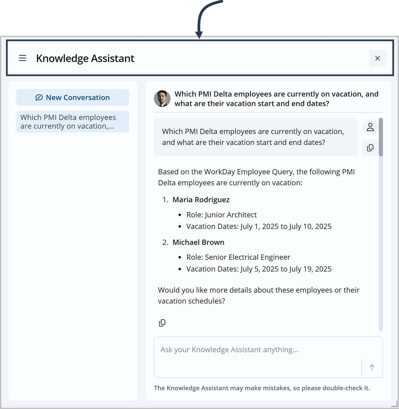 The Knowledge Assistant's chat window with a box around the section at the top of the window.