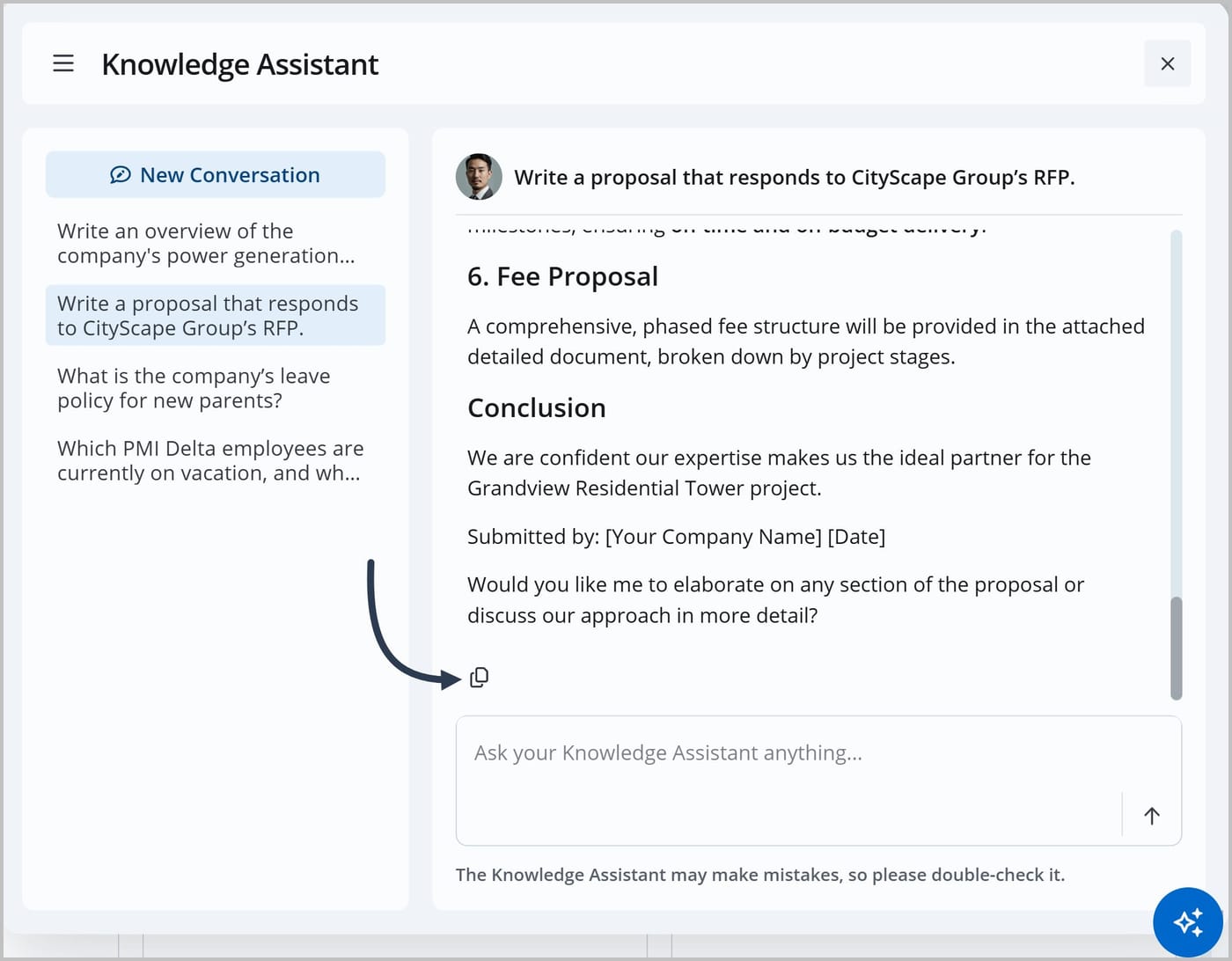 The Knowledge Assistant window with an arrow pointing to the Copy icon below a response in the chat window.