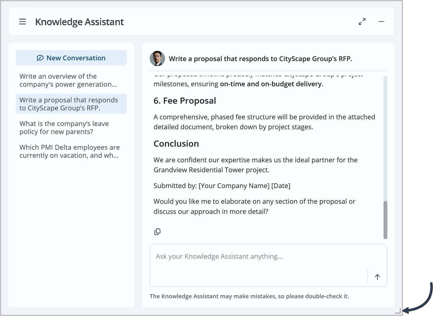 The Knowledge Assistant window with an arrow pointing to the Corner icon.