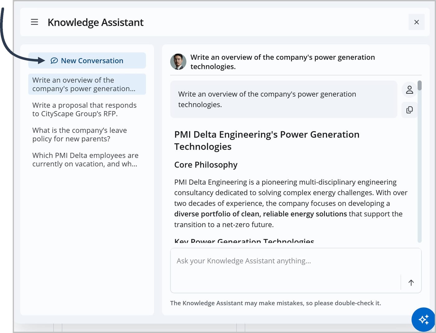 The Knowledge Assistant window with an arrow pointing to the "New Conversation" button.