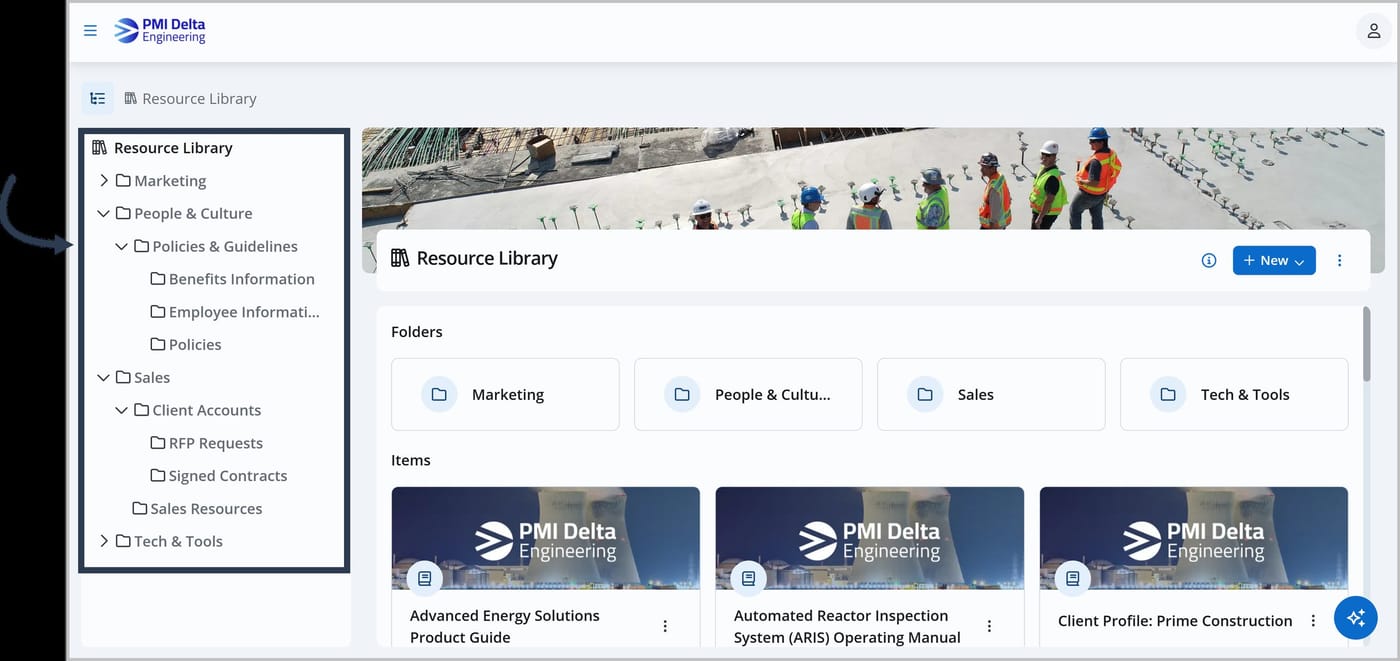 The Knowledge Center. A box appears around the tree menu shown on the left side of the screen. The tree menu features several folders and subfolders.