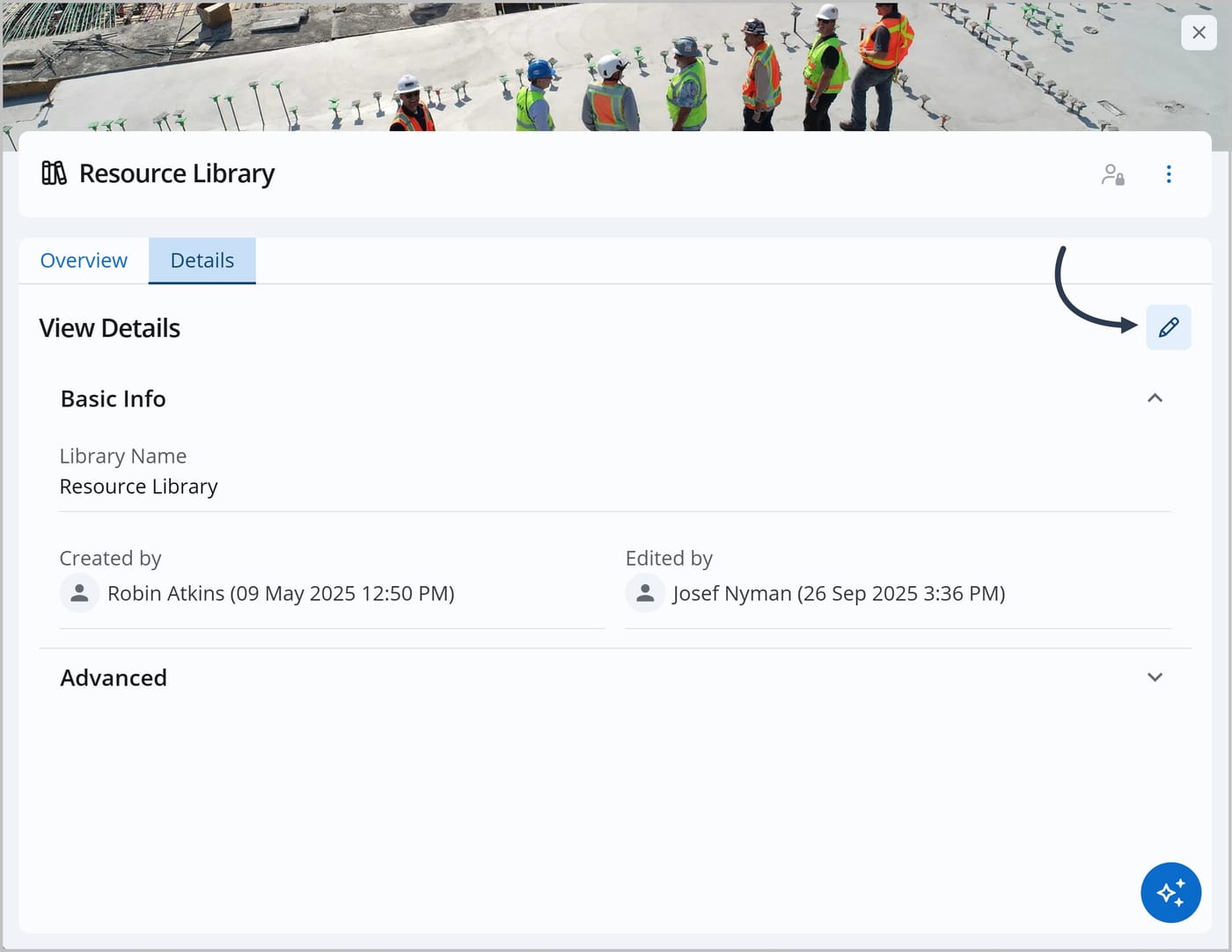 The Knowledge Center Admin panel showing the Details tab. An arrow is pointing to the Edit icon in the upper-right corner of the panel.
