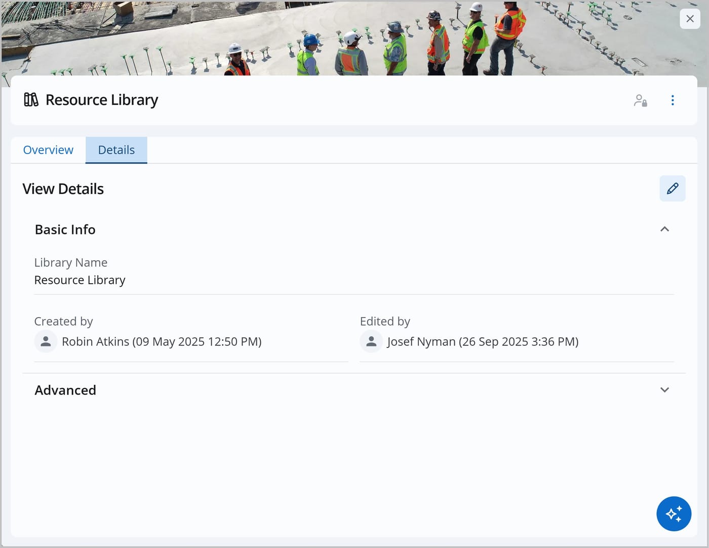 The Knowledge Center Admin panel showing the Details tab. The tab displays information such as the Library Name and the name of the user who created it.