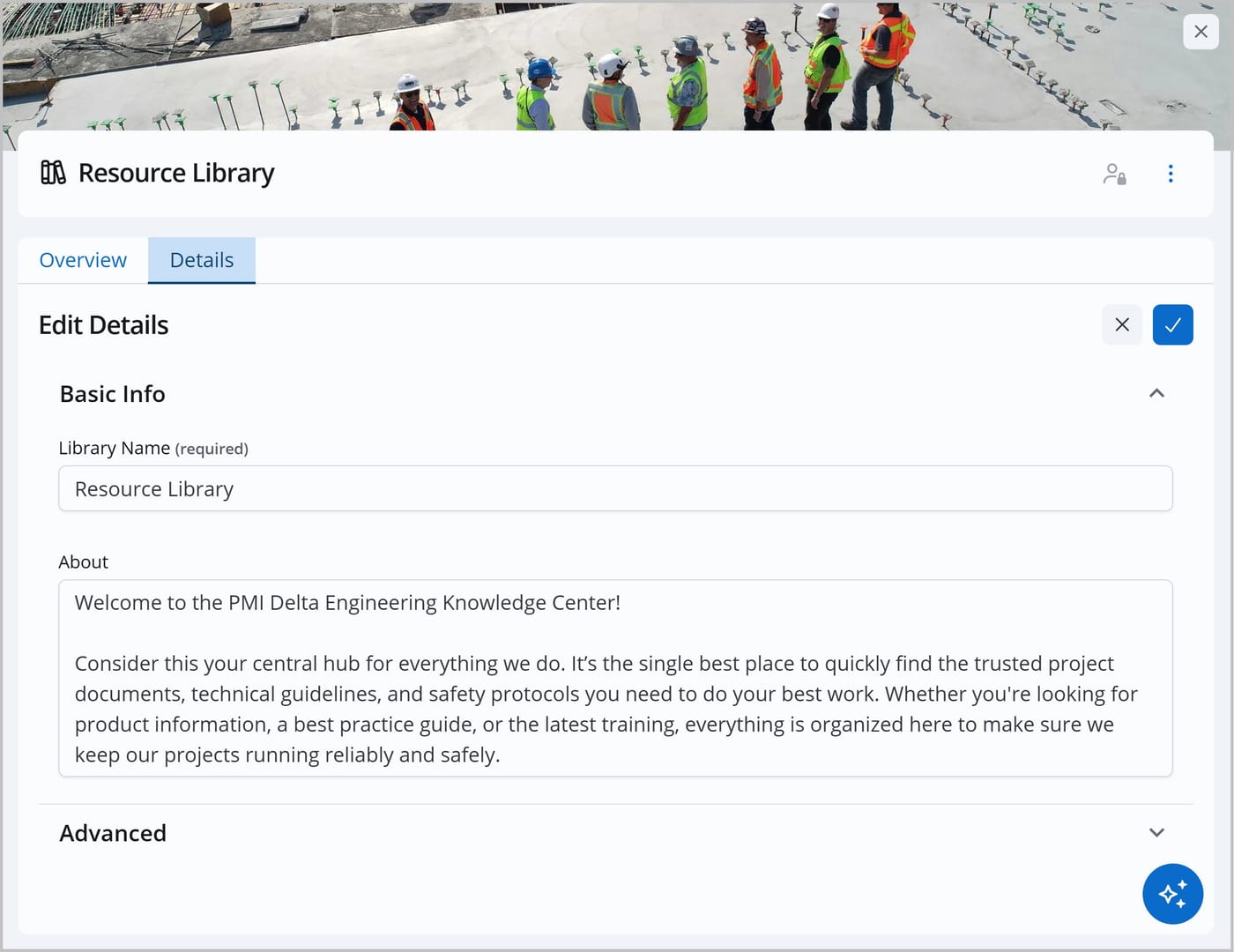 The Knowledge Center Admin panel showing the editable fields and settings on the Details tab.