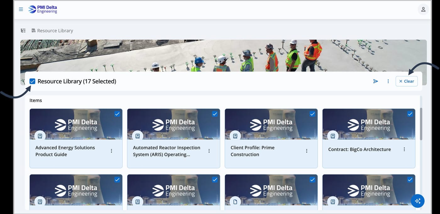 The Knowledge Center. All the assets' cards are selected. An arrow is pointing to the checkbox beside the Knowledge Center name. Another arrow is pointing to the Clear button.