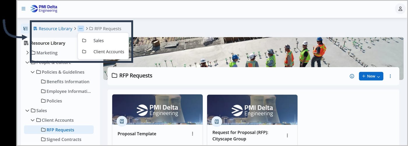 The Knowledge Center. An arrow points to the breadcrumbs at the top of the page. The breadcrumbs read Resource Library > Sales > Client Accounts > RFP Requests. The cards for the assets inside the RFP Requests folder are shown.